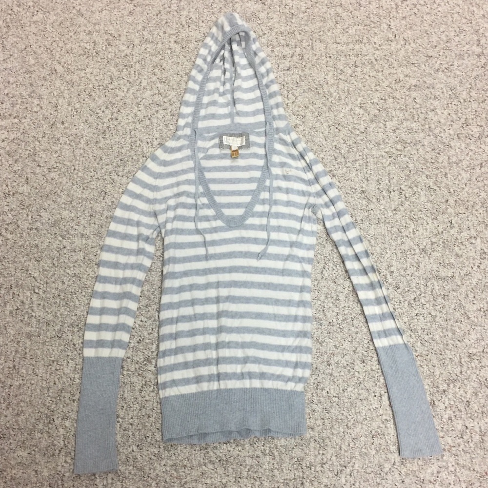 Gray and white striped hooded sweater!